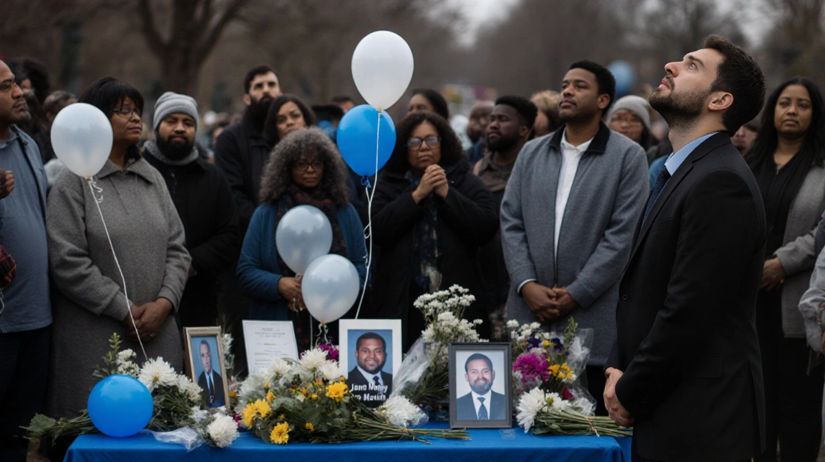 Speaker releases balloon skyward with memorial table of flowers and photos behind