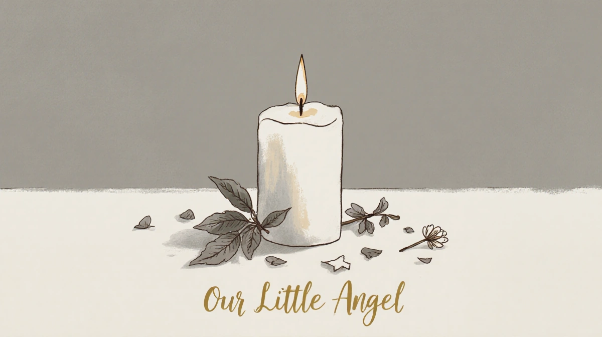 Hand-painted candle burning with flickering flame and scattered leaves showing Our Little Angel memorial message