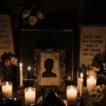 Memorial altar honors deceased influencer with flickering candles and faded photo showing social media icon