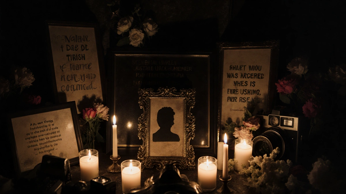 Memorial altar honors deceased influencer with flickering candles and faded photo showing social media icon