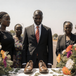 Parent grieving at makeshift altar with Kenyan flowers and children