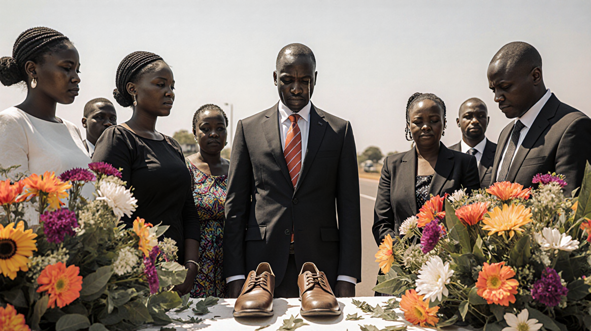 Parent grieving at makeshift altar with Kenyan flowers and children