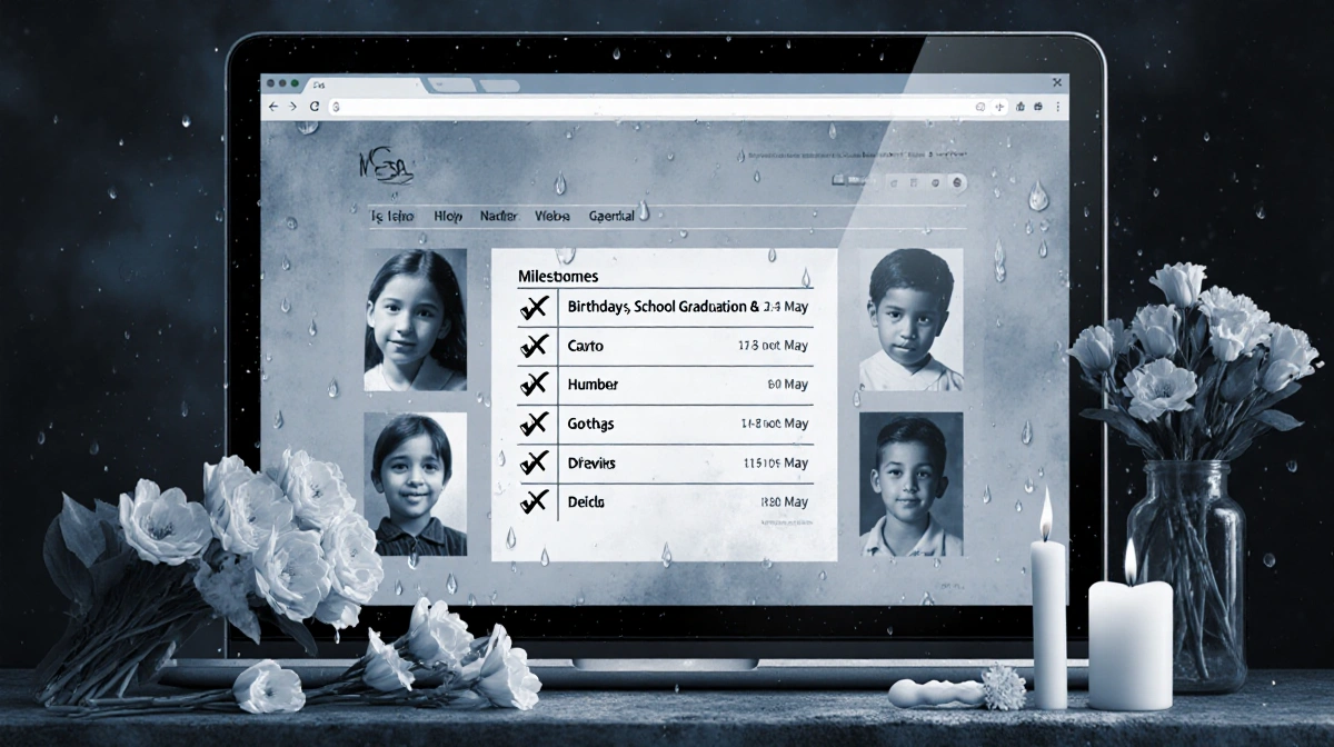 Computer screen shows memorial webpage with crossed-out milestones and tribute photos with water droplets on surface