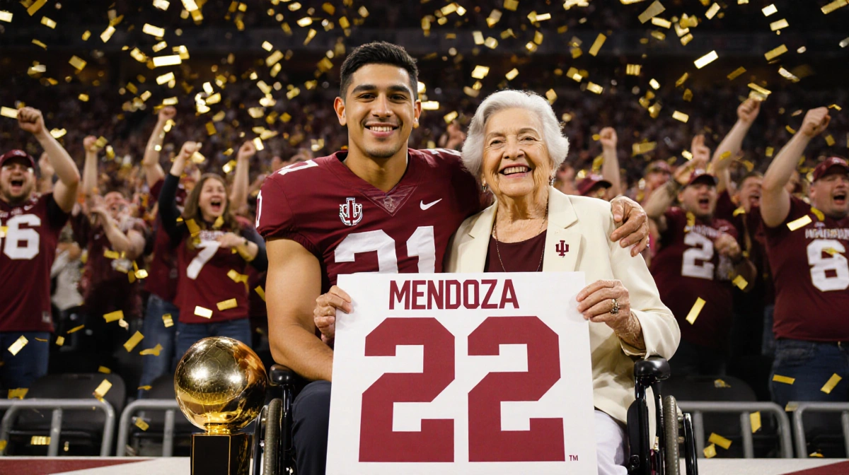 Mom smiles while holding sign with number 22 as she stands beside her son on a confetti-filled Indiana stage