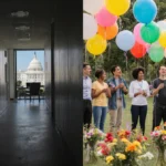 Split screen contrasts sterile government office with empty grants desk and vibrant community celebration with balloons and d