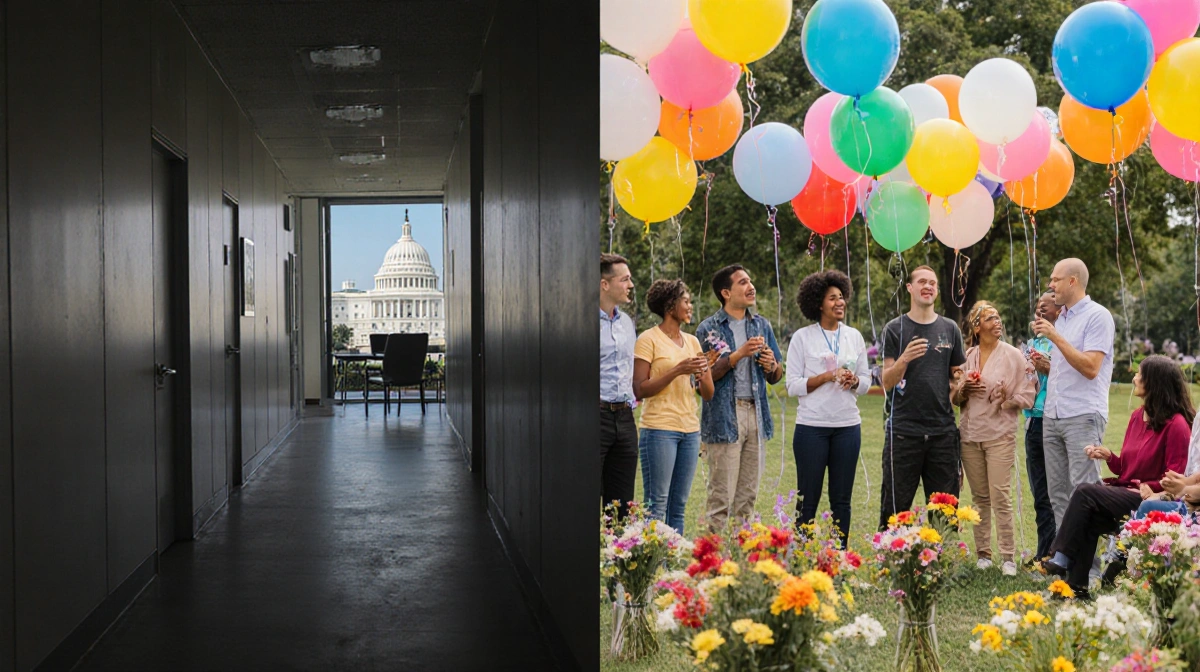 Split screen contrasts sterile government office with empty grants desk and vibrant community celebration with balloons and d