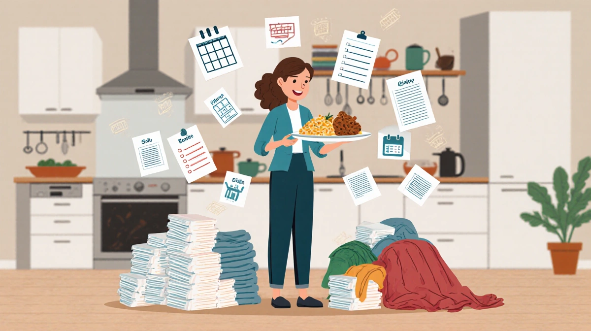Woman juggling household duties with bills and laundry while holding food showing mental load