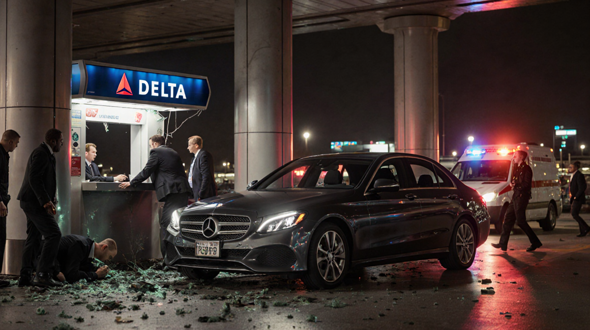 Dark Mercedes sedan crashes into terminal entrance with shattered ticket counter while paramedics rush.