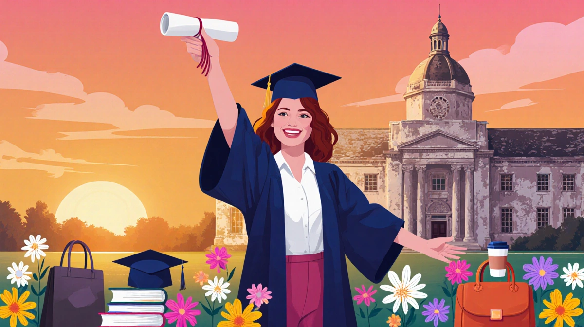 Meredith Marks celebrates graduation holding a diploma with university building and sunset backdrop blooming flowers at her f