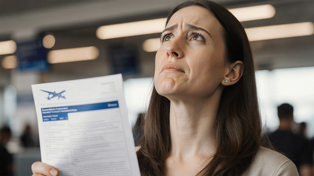 Meredith Hayden stands at a ticket counter looking up at a flight itinerary with a worried expression and a clenched jaw.