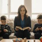 Meredith Marks sits in a bright living room with her children reading and playing and chatting and showing family warmth.