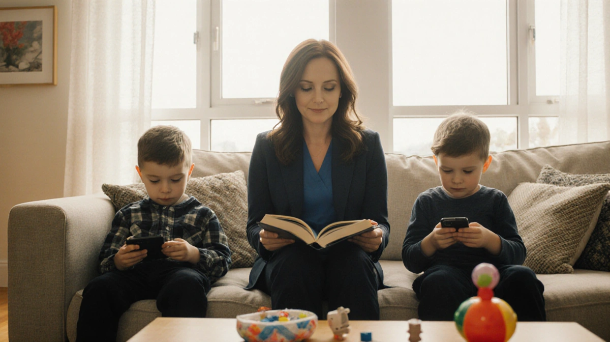 Meredith Marks sits in a bright living room with her children reading and playing and chatting and showing family warmth.
