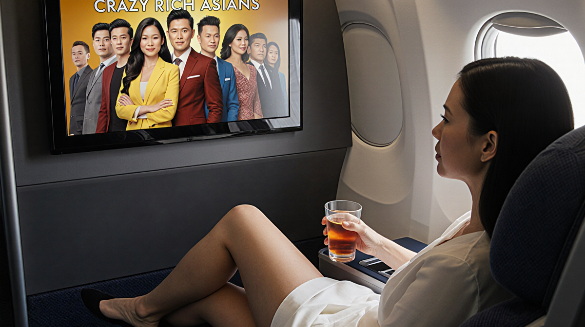 Meredith Marks reclines in plane cabin lounge while Lisa Barlow's leg rests in tension and Crazy Rich Asians plays behind.