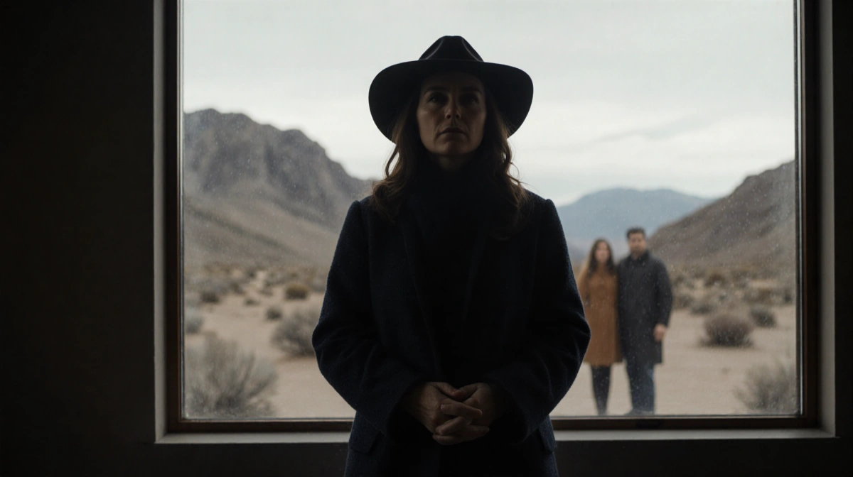 Meri Brown stands alone by window with hands clasped and blurred figures of Kody and Robyn behind her