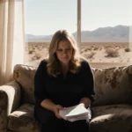 Meri Brown sits alone on worn couch reviewing financial papers with desert mountains visible through window