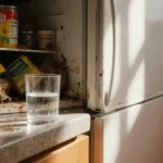 Refrigerator door hangs open with cluttered counter and glass tipping near condensation drops
