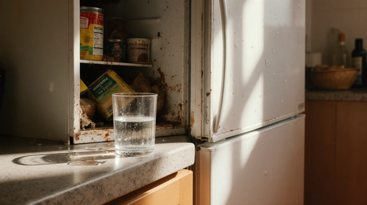 Refrigerator door hangs open with cluttered counter and glass tipping near condensation drops