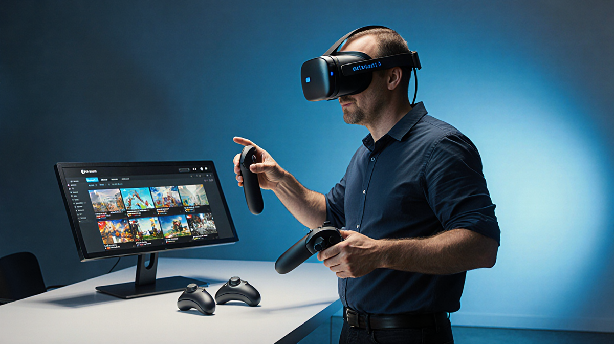 Scott Stein holding redesigned controllers with Meta Quest 3 headset on side view and pointing to computer showing VR apps