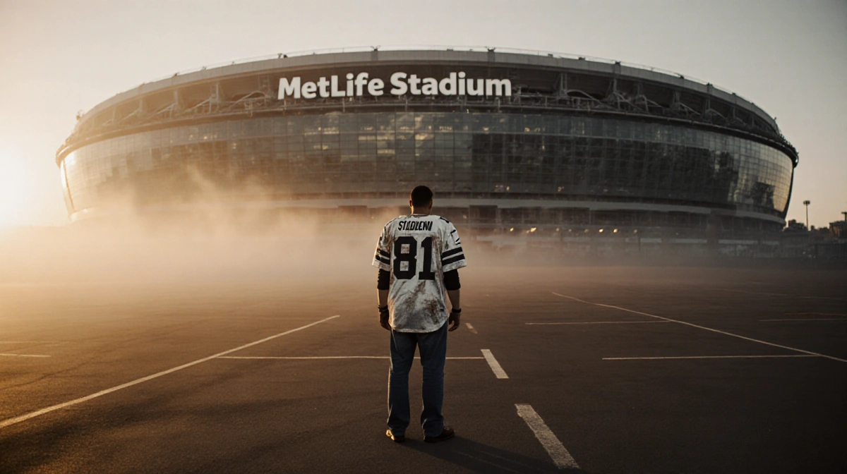 Lone fan stands in empty MetLife Stadium parking lot with fading jersey and golden sunset casting long shadows