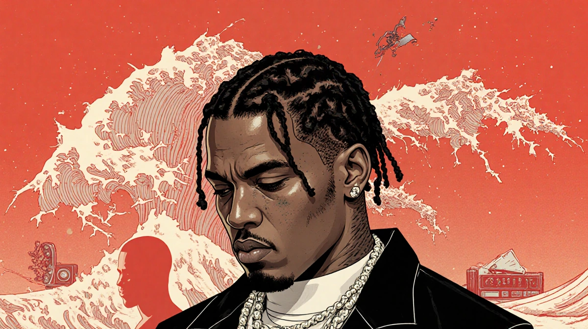 Giant soundwave wraps around A$AP Rocky's head with Drake's faint silhouette visible behind broken audio equipment