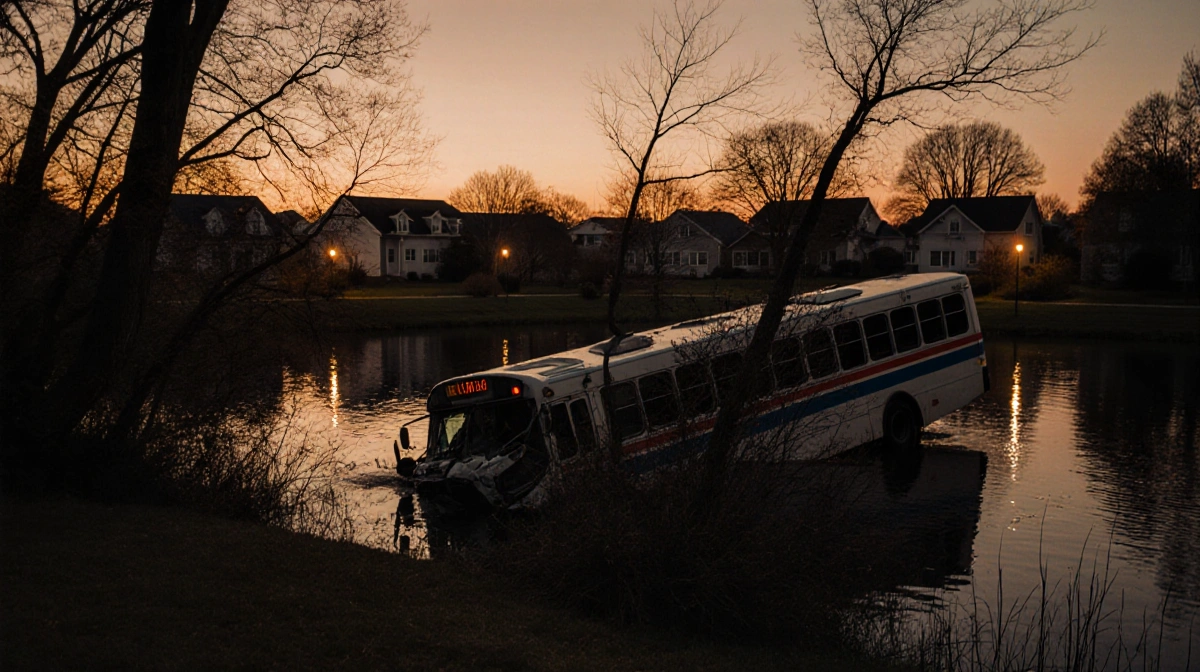 Bus colliding into lake in suburban backyard with water lapping its wheels and trees nearby at dusk