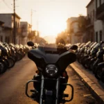 Black motorcycles parked on Mexican street with tinted windshields under golden dusk light.