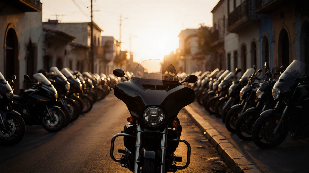 Black motorcycles parked on Mexican street with tinted windshields under golden dusk light.