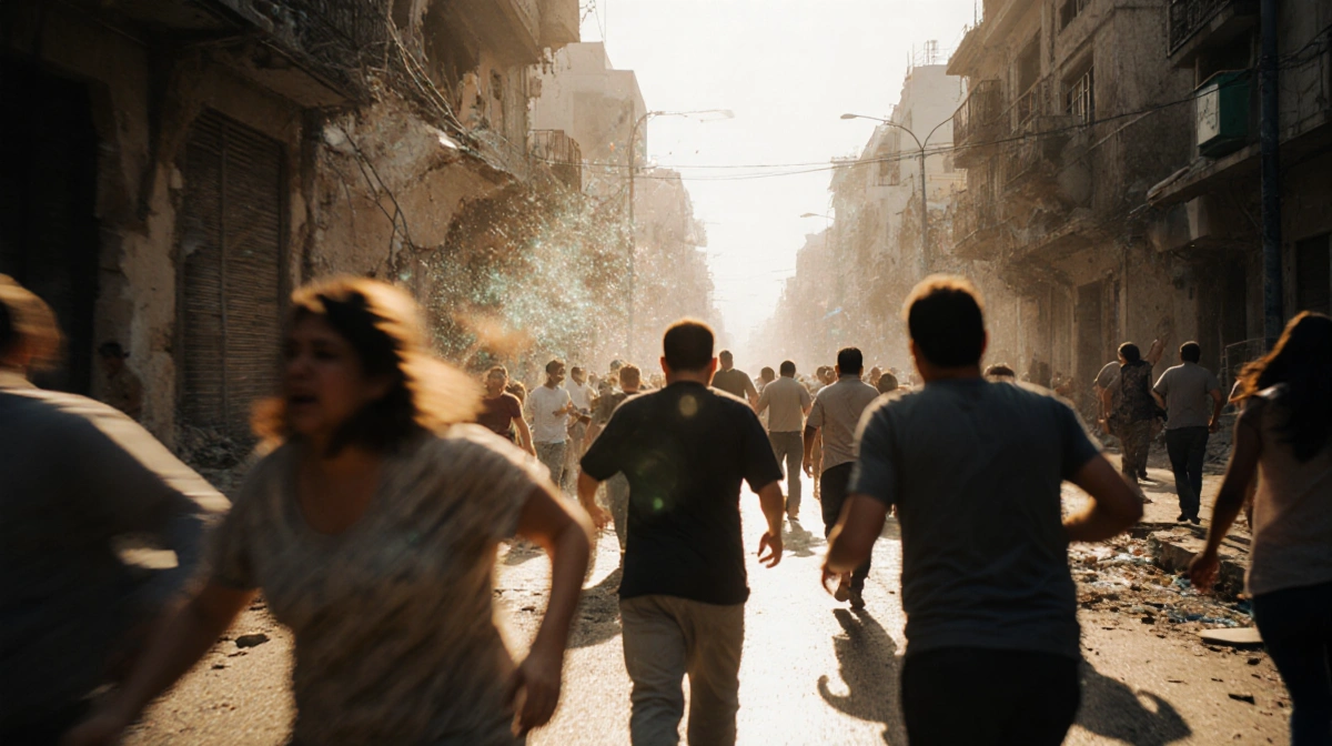 Residents rushing into streets with crumbling buildings amid an earthquake in Mexico City under warm golden light.