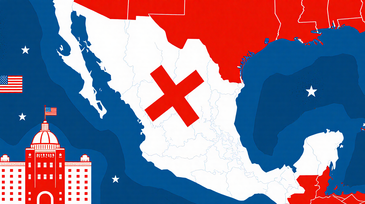 Stylized map of Mexico City marked with a red X with an American flag nearby and patriotic colors around