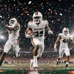 Keionte Scott running with the ball after a 72‑yard touchdown return with confetti and cheering fans in Cotton Bowl stadium