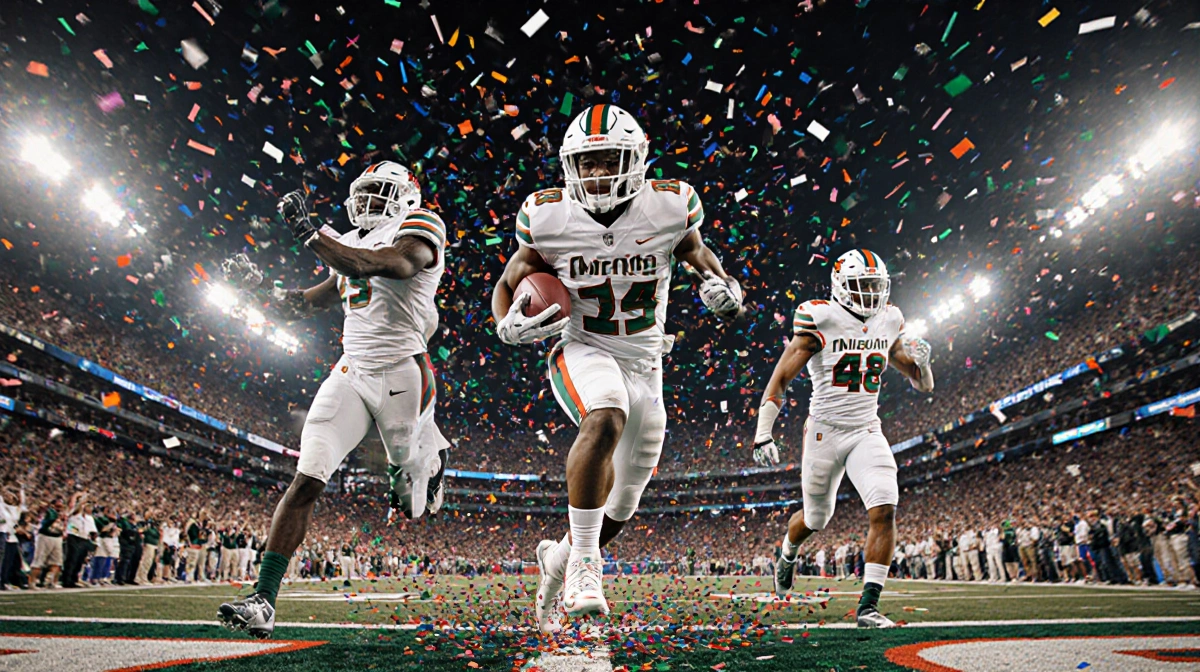 Keionte Scott running with the ball after a 72‑yard touchdown return with confetti and cheering fans in Cotton Bowl stadium