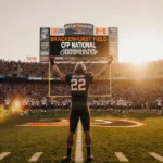 Miami Hurricanes player celebrating with arms raised at Brackenhurst Field with CFP National Championship scoreboard and team
