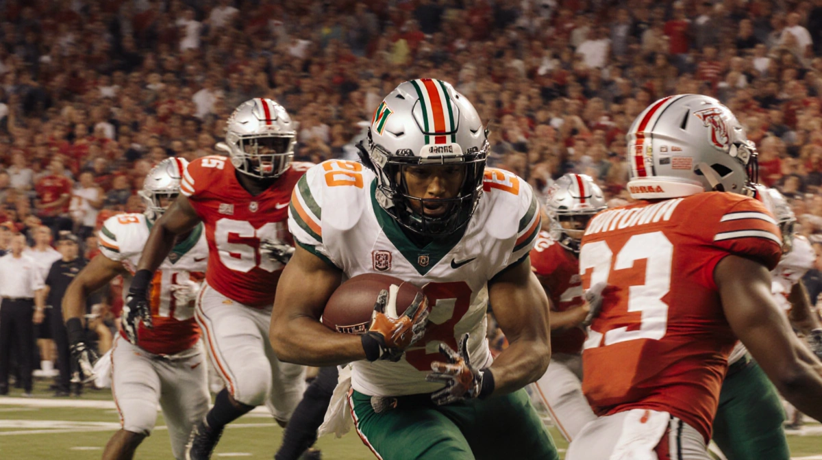 Miami defensive player makes interception with ball in hand and Ohio State players reacting behind him