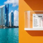 Modern Miami office building reflects bay waters with stock ticker showing 81 RS rating and city skyline behind