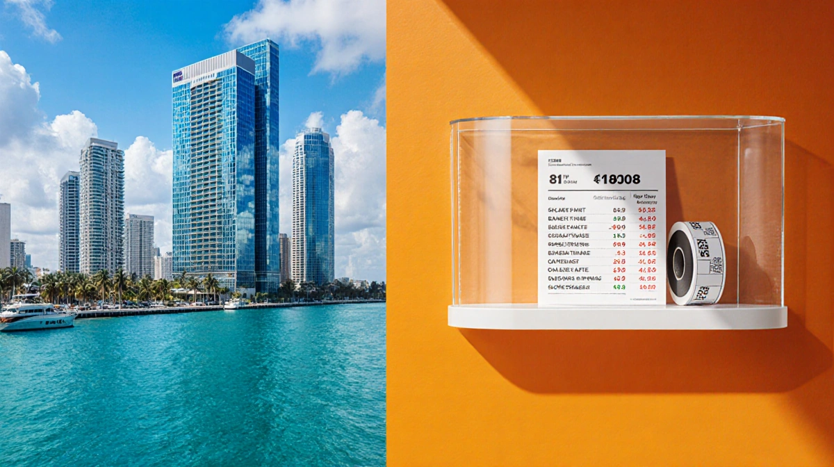 Modern Miami office building reflects bay waters with stock ticker showing 81 RS rating and city skyline behind