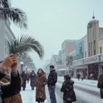People marvel at snow falling on Miami Beach with Art Deco buildings and palm fronds covered in rare 1977 snowfall