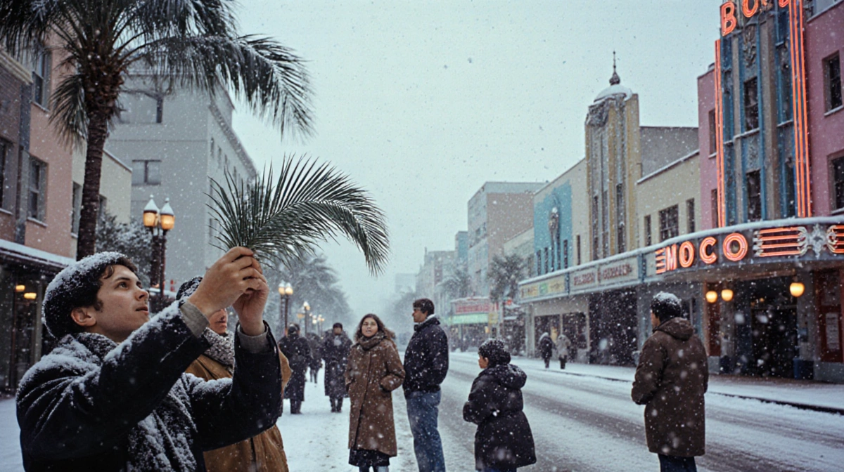 People marvel at snow falling on Miami Beach with Art Deco buildings and palm fronds covered in rare 1977 snowfall