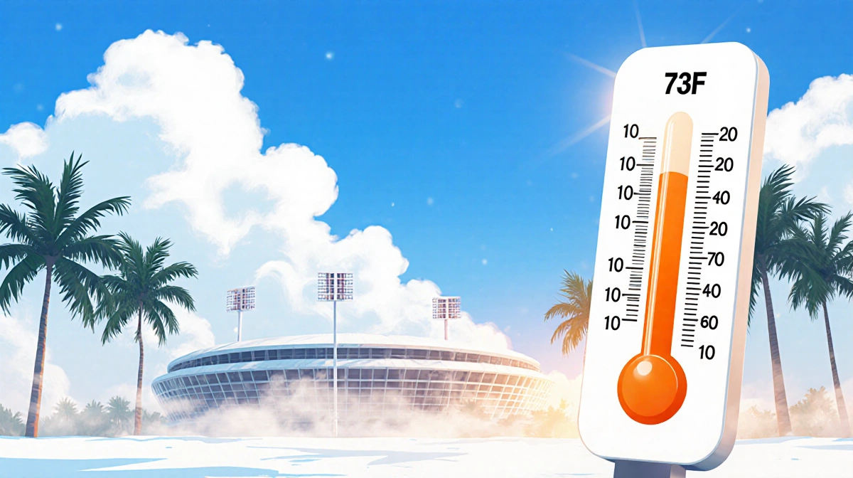 Thermometer displays 73°F with orange needle on sunny Miami winter day with palm trees and stadium in background
