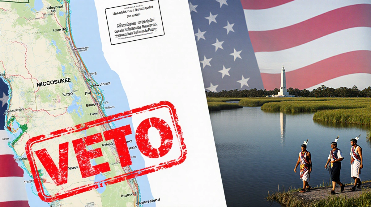 Red veto stamp overlays a map of the Everglades with Miccosukee tribe members walking nearby and a subtle American flag patte