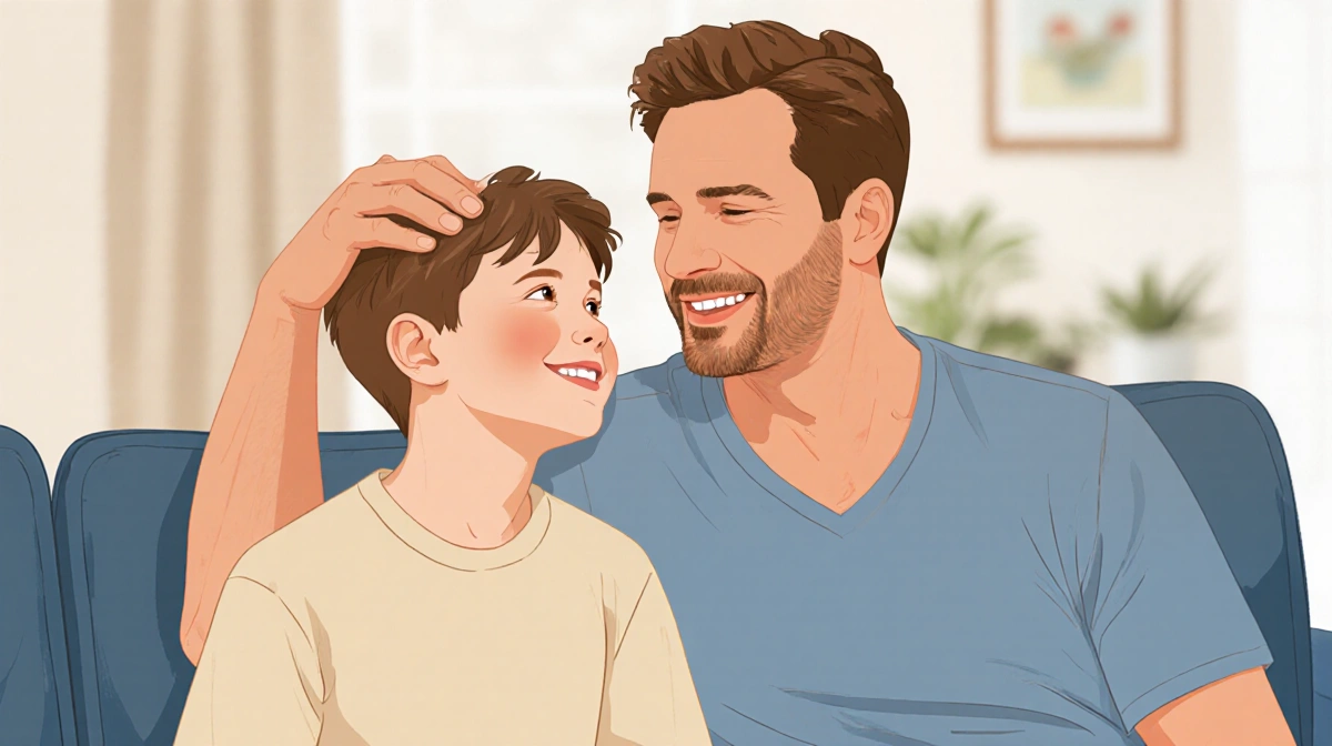 Timothy Busfield ruffling Michael's hair with warm smiles showing their close stepfather stepson bond