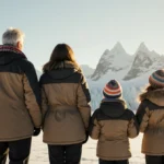 Michael Douglas and Catherine Zeta-Jones stand with their children viewing Antarctic glaciers and mountains during sunset