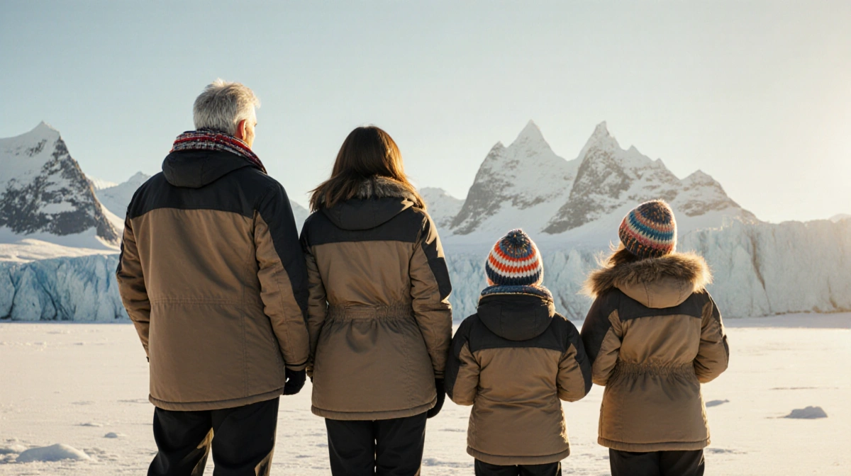 Michael Douglas and Catherine Zeta-Jones stand with their children viewing Antarctic glaciers and mountains during sunset