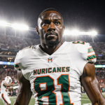 Michael Irvin standing on football sidelines with bright stadium lights and a mischievous grin