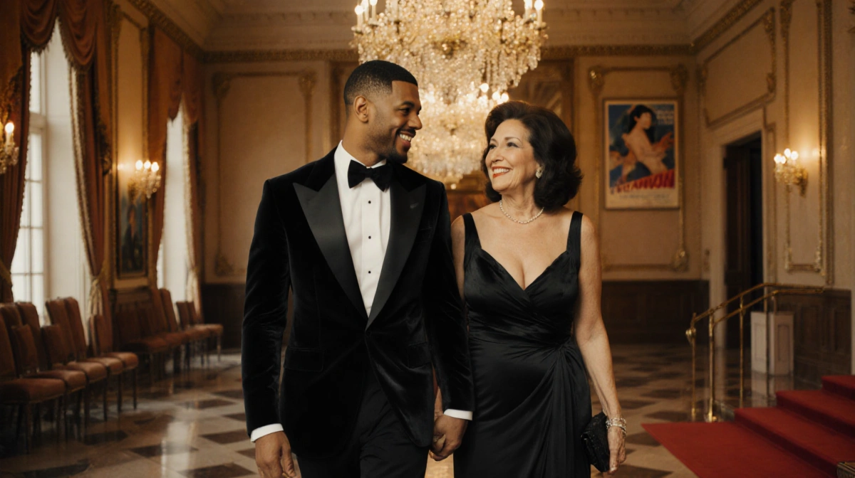 Michael B Jordan walks with his mother Donna through a golden ballroom with chandeliers and photographers capturing their red