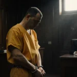 Michael McKee sits shackled in court with judge and reporter visible behind him