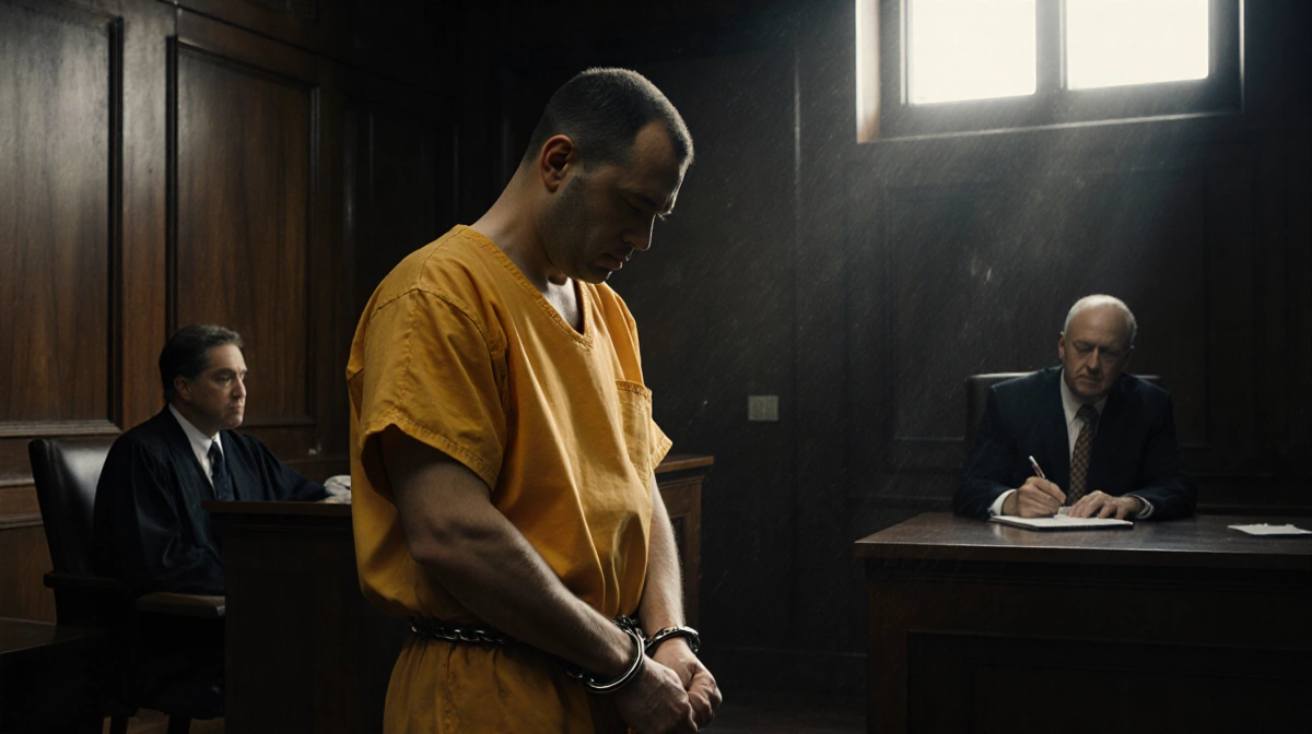 Michael McKee sits shackled in court with judge and reporter visible behind him