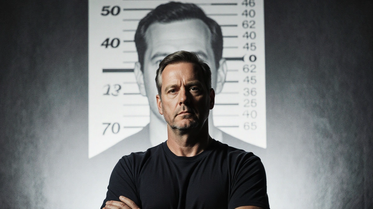 Michael McKee stands with arms crossed against police backdrop with mugshot outline showing serious expression