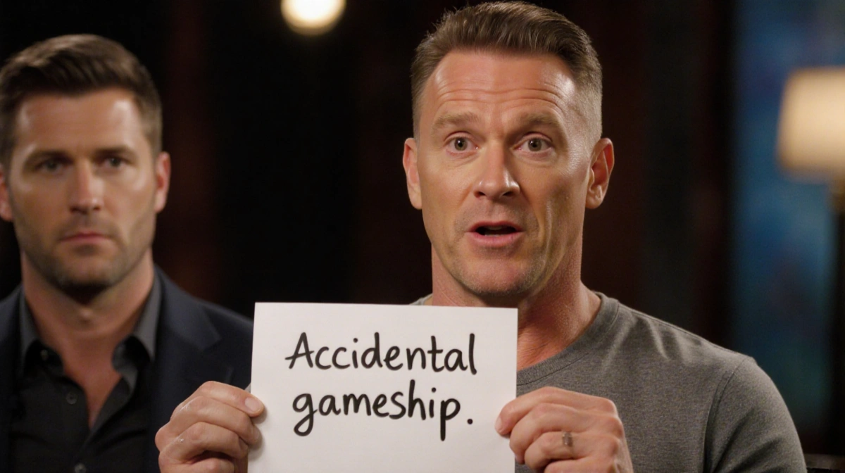 Michael Rapaport holds up a handwritten sign saying Accidental gamesmanship with a sly smile and blurred studio lights behind