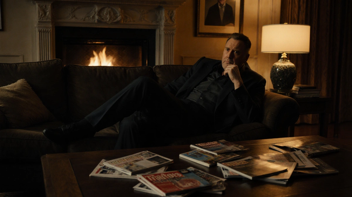 Michael Rapaport sits uncomfortably on couch with TV guides scattered and The Traitors playing on screen