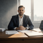 Michael Saylor sits at a wooden desk with stacks of Bitcoin investment documents and laptops bathed in warm success light